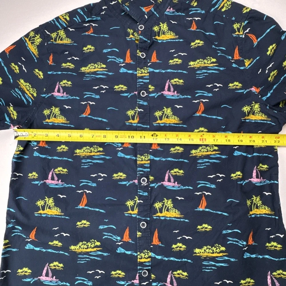 Denim‎ & Flower Shirt Tropical Island Sailboat Print Slim Fit Size XL Navy Blue - Picture 3 of 7